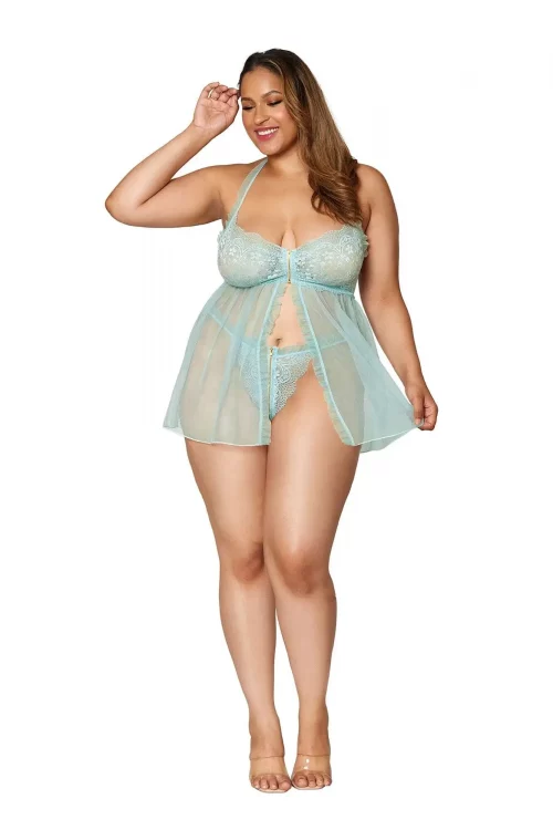 Dreamgirl Mint Stretch Lace Babydoll & Matching G-string Set - Queen